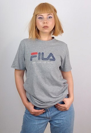 VINTAGE 90'S FILA UNISEX BIG SPELL-OUT LOGO T-SHIRT IN GREY