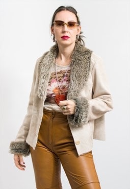Vintage faux fur jacket suede Penny Lane women size L/XL