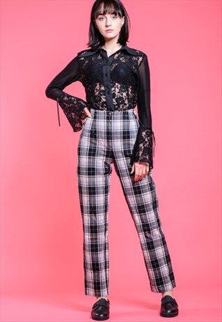 VINTAGE BLACK WHITE HIGH WAIST RETRO CHECKED TROUSERS
