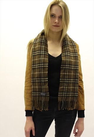 VINTAGE BURBERRY LAMBSWOOL CHECKED SCARF BROWN-AS54