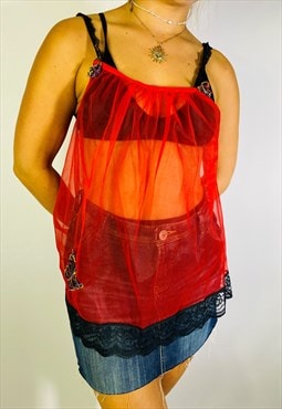 Vintage Size S Y2K Frill Cami Top In Red