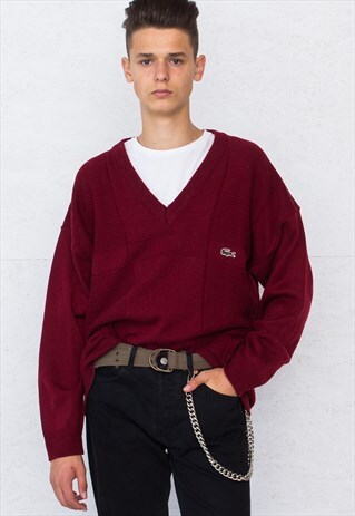 VINTAGE BURGUNDY LACOSTE V-NECK KNIT JUMPER
