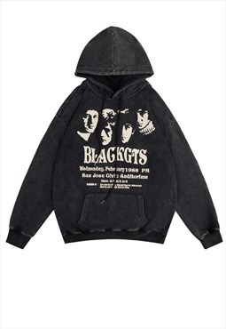 Black Band Washed Graphic Oversized Hoodies Y2k