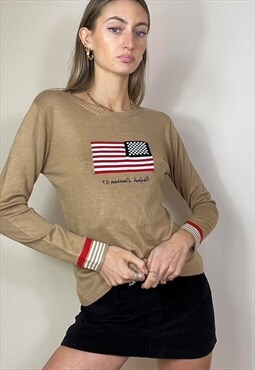 Vintage Y2K 00's Ralph Lauren Flag Jumper Preppy Beige