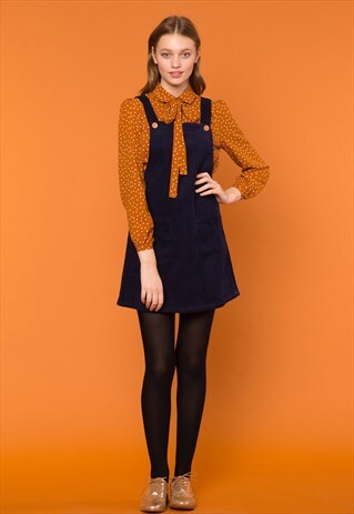 NAVY CORDUROY MINI PINAFORE DRESS