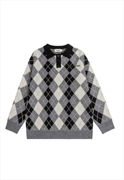 Geometric sweater diamond pattern jumper preppy top in grey