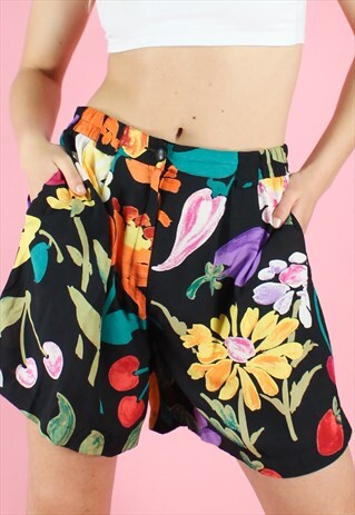 VINTAGE 90S SHORTS FLORAL Y2K BLACK WIDE LEG FLOWER