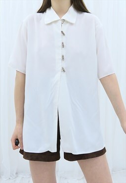 90s Vintage White Collared Shirt Blouse