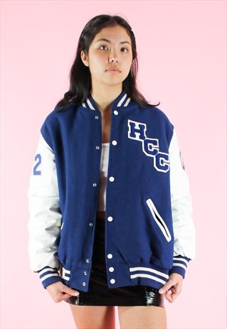 VINTAGE 90S VARSITY JACKET COLLEGE BOMBER BLUE WHITE WOOL