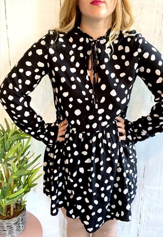 VINTAGE BLACK POLKA DOT TIE DROP WAIST 90'S MINI DRESS
