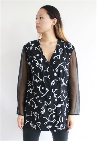 BLACK AND WHITE BLOUSE TOP SHEER SLEVEES