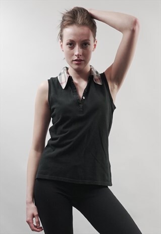 VINTAGE 90'S BURBERRY TARTAN COLLAR BLACK POLO VEST