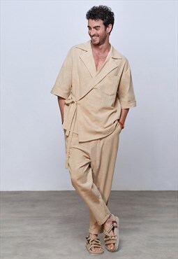 Beige Men's Linen Jacket&Pants,Hippie Style,Kimona Men