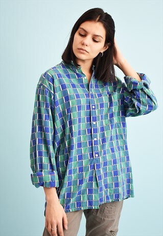 90'S RETRO CHECKED PRINT OVERSIZED SHIRT TOP