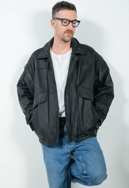 Vintage Leather Jacket Bomber Black Unisex Size XL