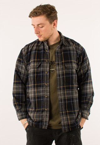VINTAGE GREY BLUE QUILTED FLANNEL JACKET MEDIUM