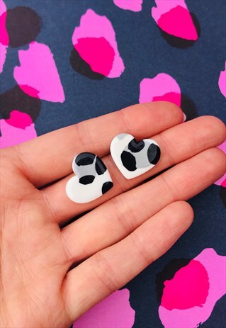 MONOCHROME LEOPARD PRINT HEART STUD EARRINGS