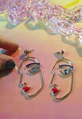 ABSTRACT FACE EARRINGS WITH DIAMANTE DETAILS
