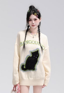 Black cat sweater knitted kitten jumper retro skater top