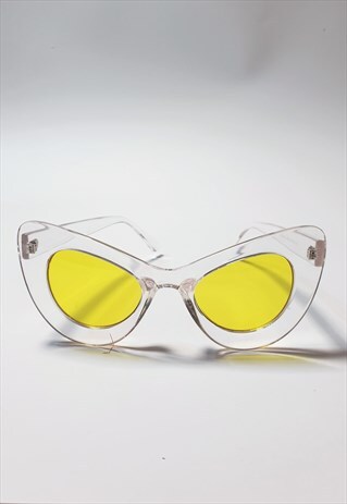 OVERSIZE EXAGGERATED CAT EYE SUNGLASSES WITH YELLOW LENSES