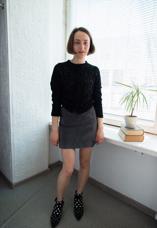 VINTAGE 70'S BLACK HAND BEADED WOOL CARDIGAN