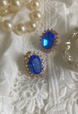 Sapphire Blue Faux Crystal Statement Vintage Stud Earrings