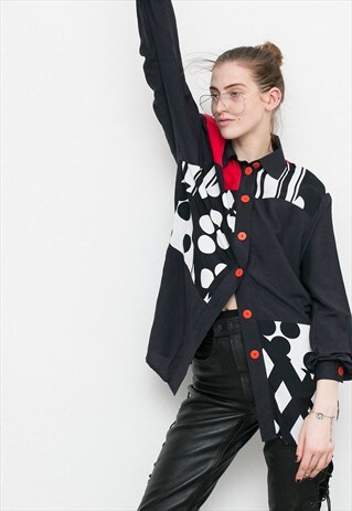 VINTAGE GEOMETRICAL SHIRT RED BLACK WHITE BUTTON UP BLOUSE