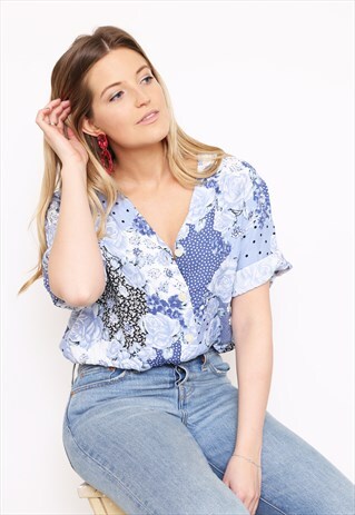 VINTAGE 90S BLUE FLORAL PATCHWORK PRINT SHIRT