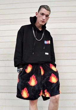 Flame fleece shorts handmade fire bolt overalls in black