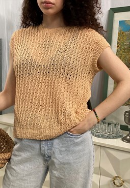 Vintage 80s handmade knitted sheer blouse top beige