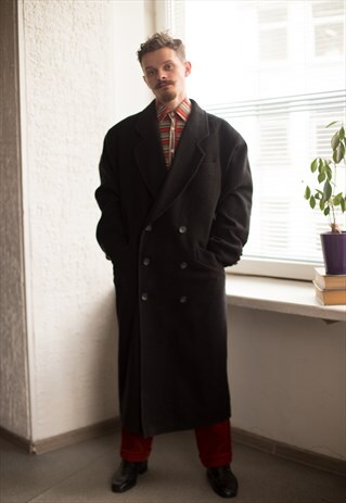 VINTAGE 80'S BLACK DOUBLE BREASTED WOOL COAT