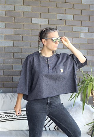 VINTAGE Y2K CARHARTT CHARCOAL CROPPED RAW HEM T SHIRT