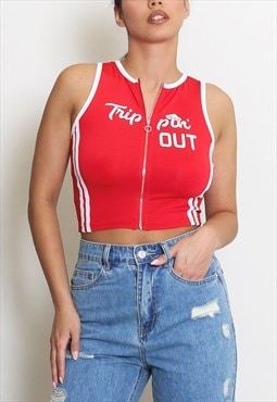 Slogan Front Zip Sleeveless Crop Top In Red