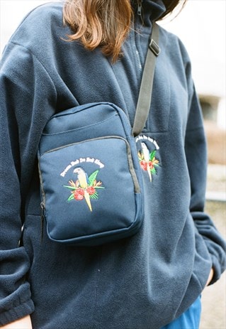 NAVY CROSS BODY BAG WITH PARADISE ISLAND PARROT EMBROIDERY
