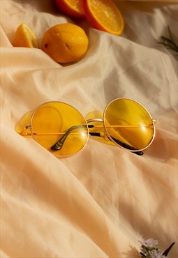 Yellow Oversized Round Circle Wire Frame Sunglasses