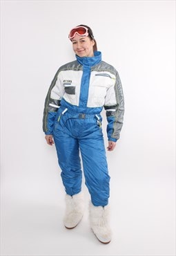 Blue One piece ski suit, vintage 90s snowsuit, women winter 