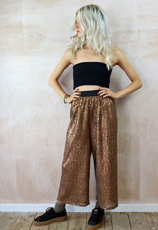 CROPPED TROUSERS IN BUTTERSCOTCH BROWN SEQUINS