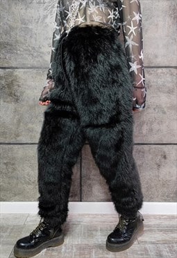 Luxury fauxfur jogger handmade detachable fleece pants black