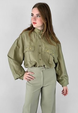 80's Vintage Green Oversized Military Ladies Blouse