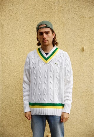 VINTAGE 80S IZOD LACOSTE V NECK KNIT CRICKET JUMPER WHITE