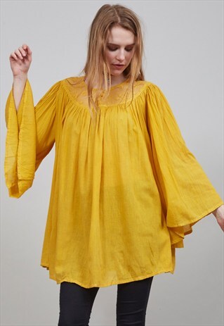 VINTAGE 60'S YELLOW BELL SLEEVED INDIAN COTTON BLOUSE