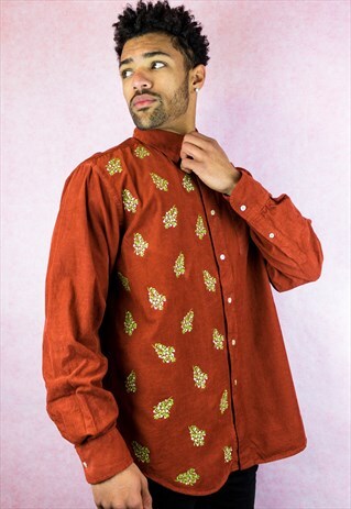 CHRISTMAS MISTLETOE EMBROIDERED BROWN CORDUROY VINTAGE SHIRT