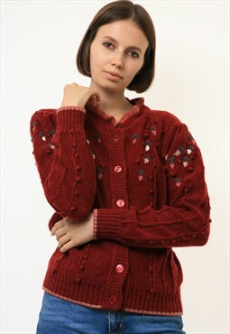 Austrian Deep Red Floral Embroidered Popcorn Cardigan 4347