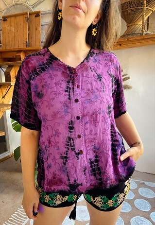 VINTAGE 90'S TIE DYE EMBROIDERED LOOSE TOP - M/L
