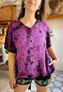 Vintage 90's Tie Dye Embroidered Loose Top - M/L