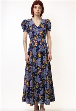 Vintage 80s Maxi Length Blue Floral Dress 5337