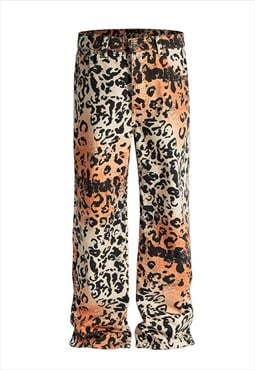Tie-dye leopard jeans animal print denim pants raver trouser