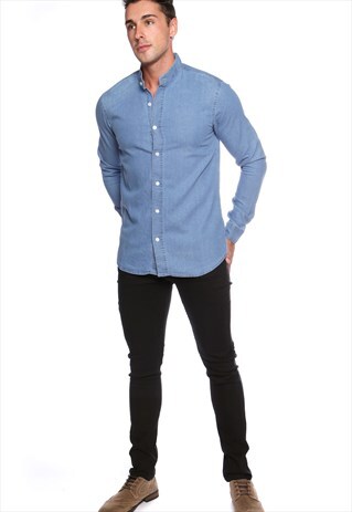 STYLISH DENIM SLIM FIT SHIRT WITH GRANDDAD COLLARD IN BLUE