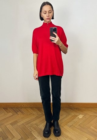 RED HIGH NECK SHORT SLEEVE OVERSIZED WOOL SWEATER