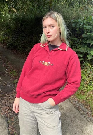 VINTAGE 80S SIZE M FLORAL EMBROIDERED SWEATSHIRT IN RED